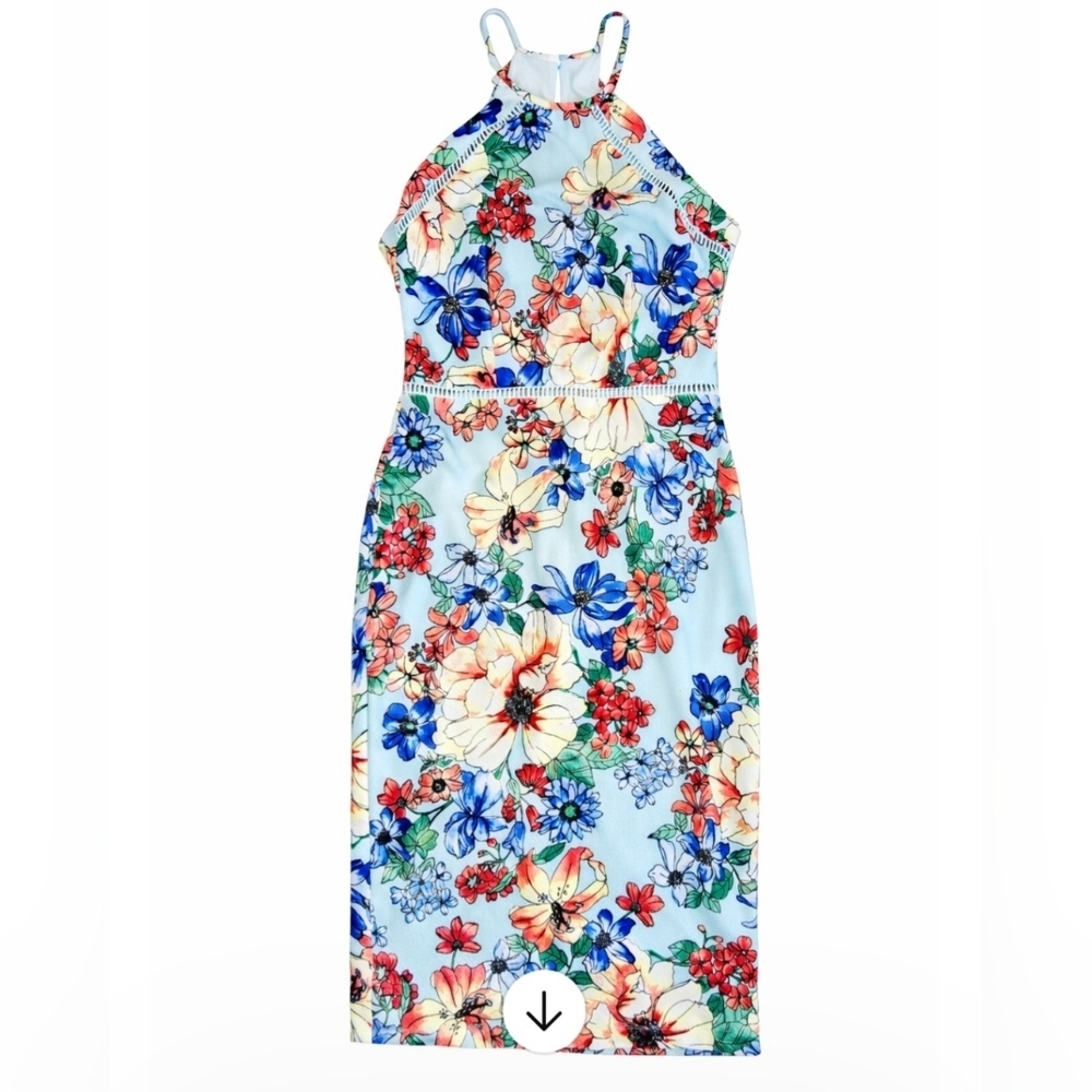 Premier Amour Floral Halter Midi Dress Size 4 Lace Trim Bodycon